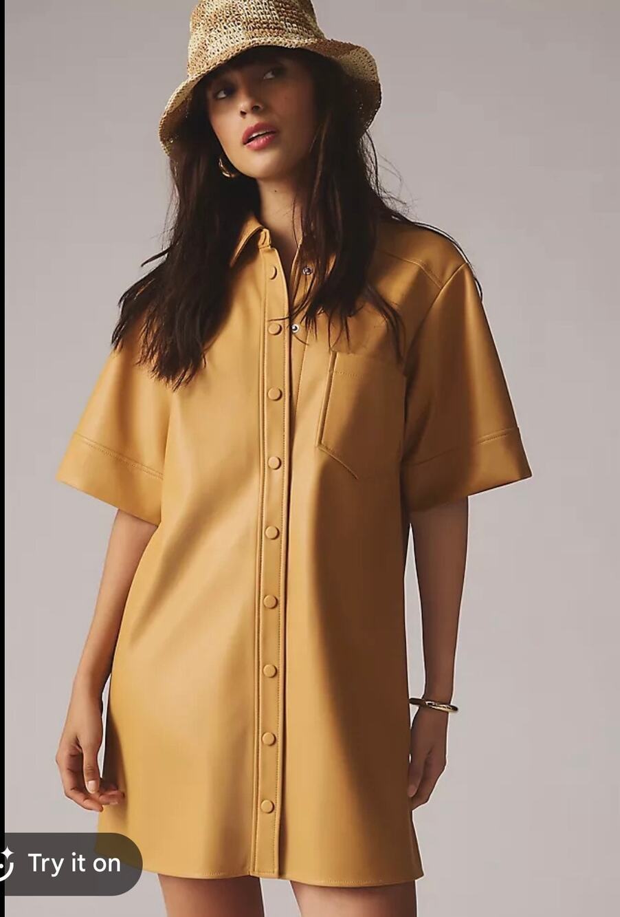 Maeve by Anthropologie Faux Leather Mini Shirt Dress – Camel/Honey – Small